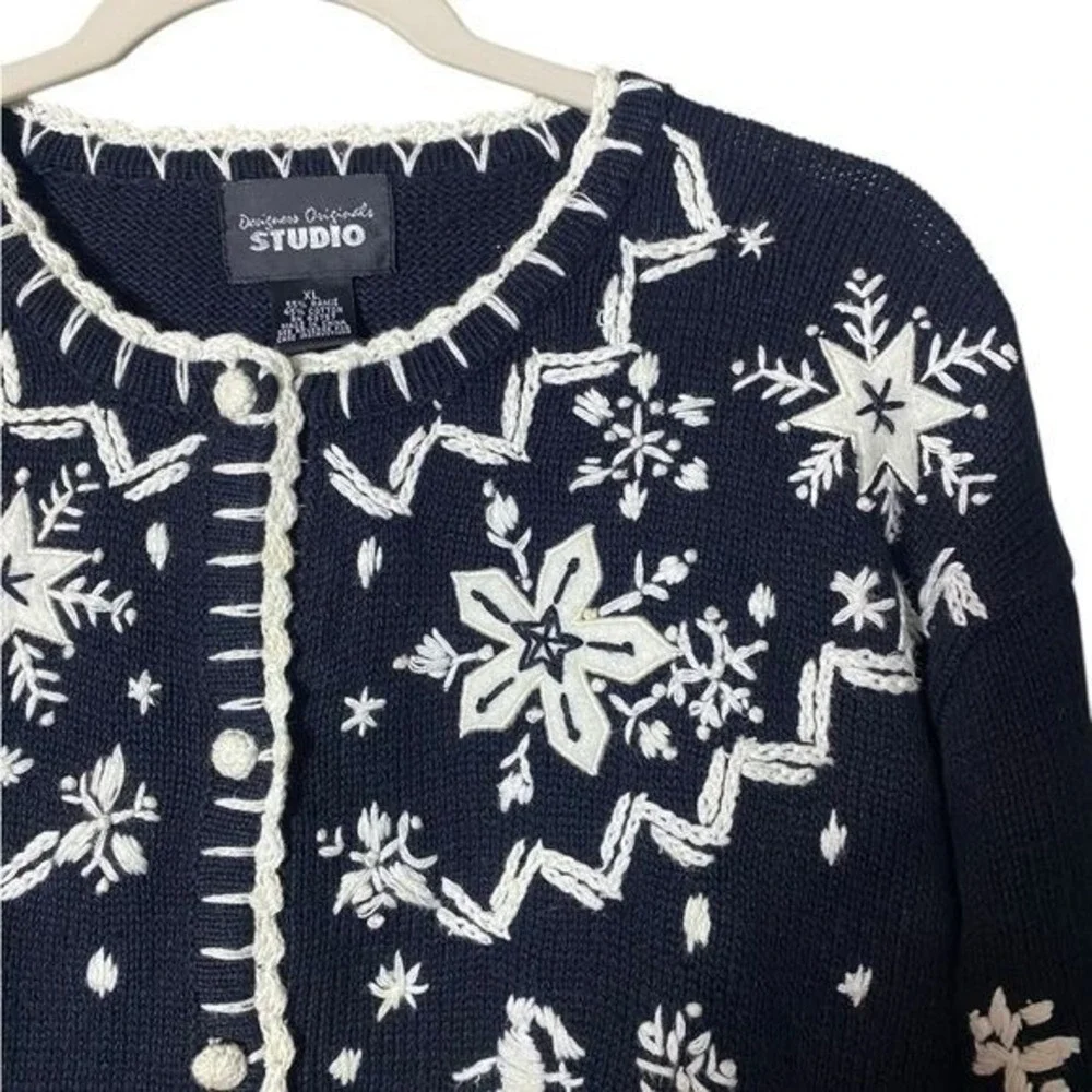 Vintage Women's Embroidered Cardigan Sweater XL Ski Snow Graphic Ramie Snow - Picture 4 of 9